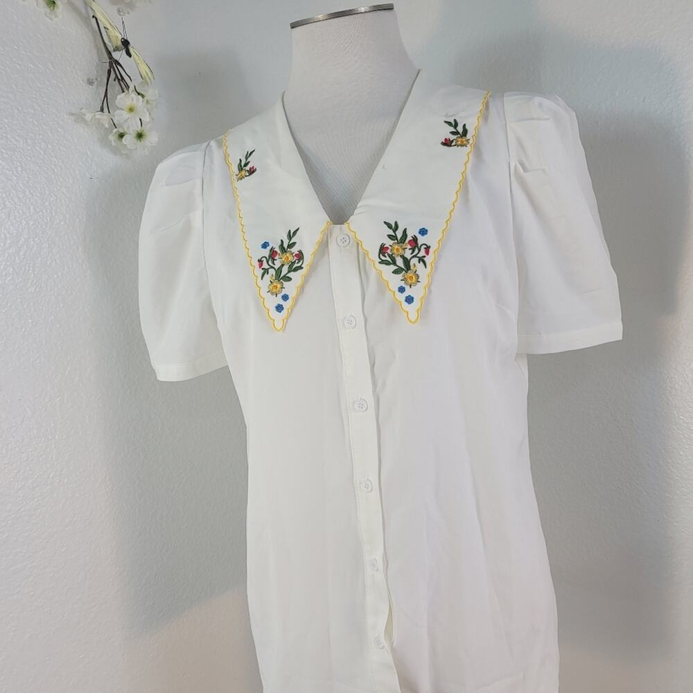 BELLE POQUE Vintage White Peter Pan Embroidered Blouse Puff Sleeve Elegant Retro - Picture 3 of 16